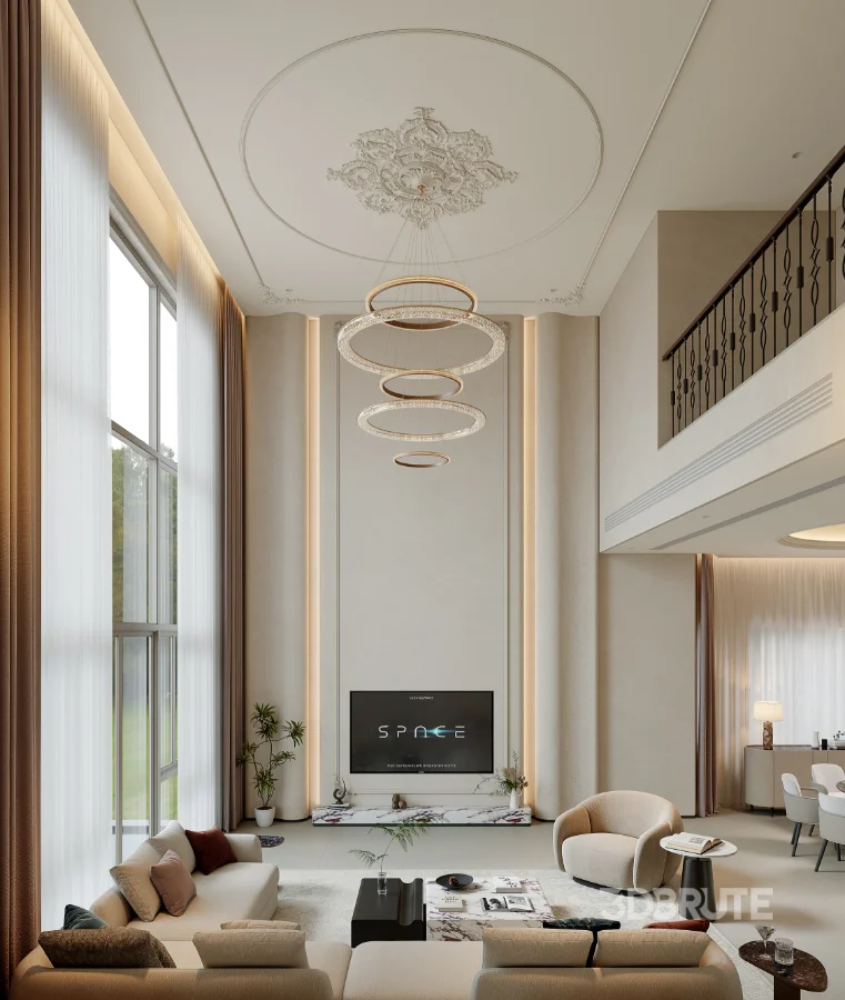 Eclectic villa living room and dining room interior Image 1
