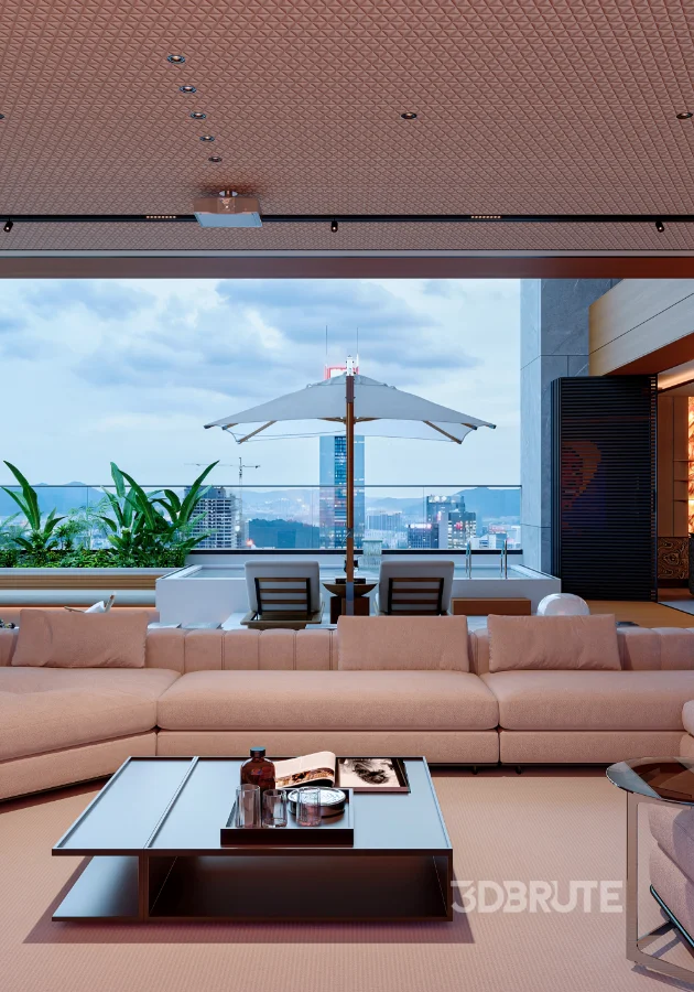 Modern living room dining room and swimming pool Image 12