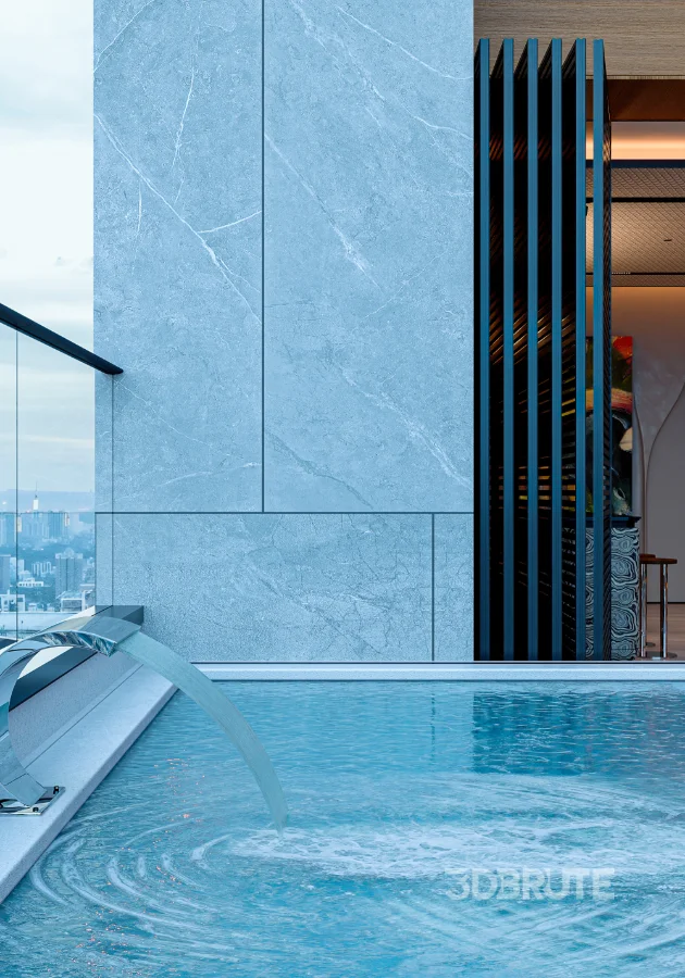 Modern living room dining room and swimming pool Image 13