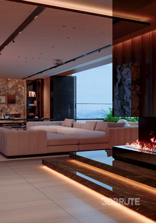 Modern living room dining room and swimming pool Image 10