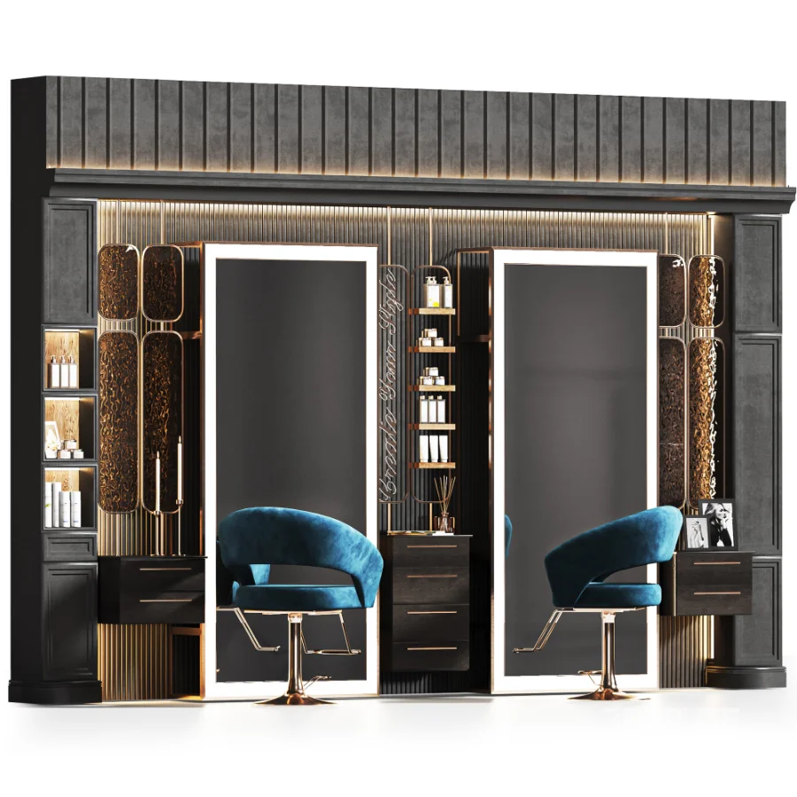 Beautysalon19 Modular BeautySalon Design for hairstyling areas, Decorative Entry glasses, to enhance the interior reflections and visual depth of your scene. you can change chairs and walls material colors by material diffuses to match your salon’s theme.wish you great renders! Image 3