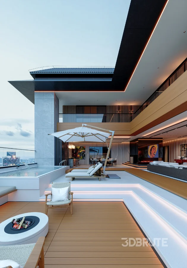 Modern living room dining room and swimming pool Image 11