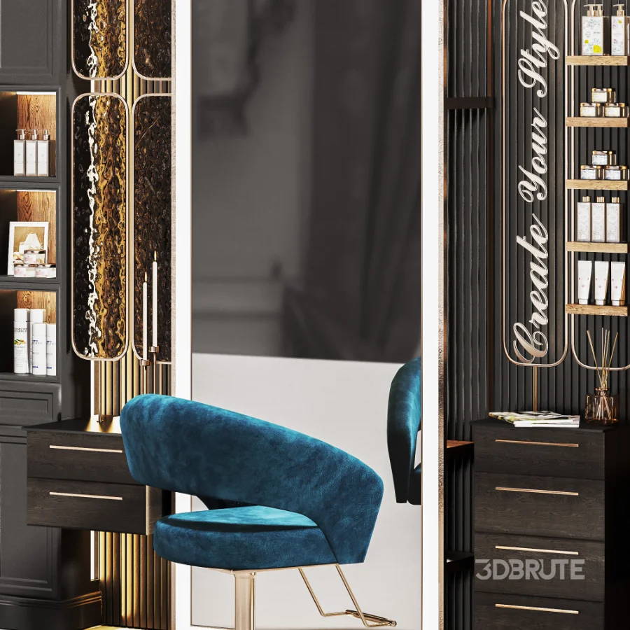 Beautysalon19 Modular BeautySalon Design for hairstyling areas, Decorative Entry glasses, to enhance the interior reflections and visual depth of your scene. you can change chairs and walls material colors by material diffuses to match your salon’s theme.wish you great renders! Image 2