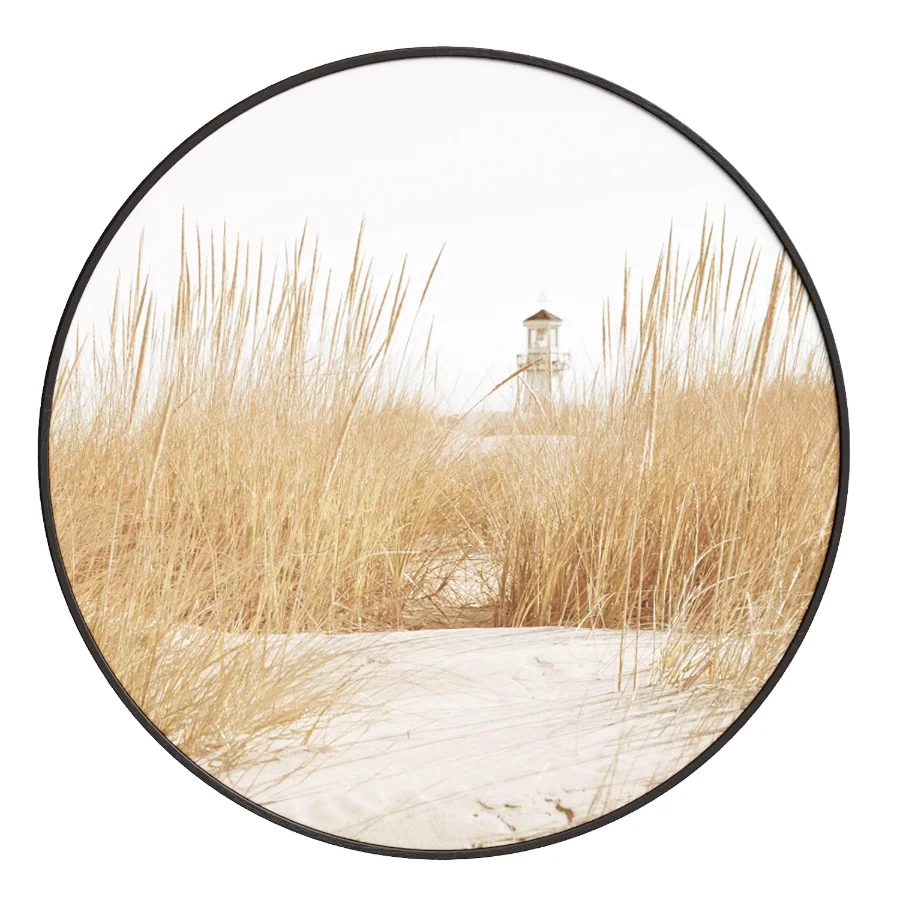 Round Wall Painting Lighthouse in the dune grass Image 1