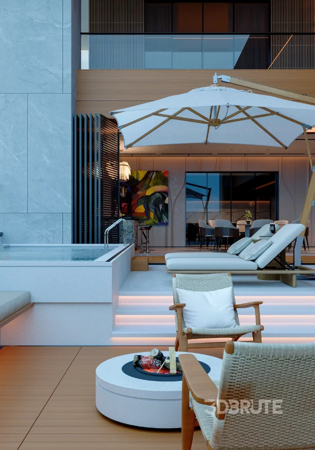 Modern living room dining room and swimming pool Image 8