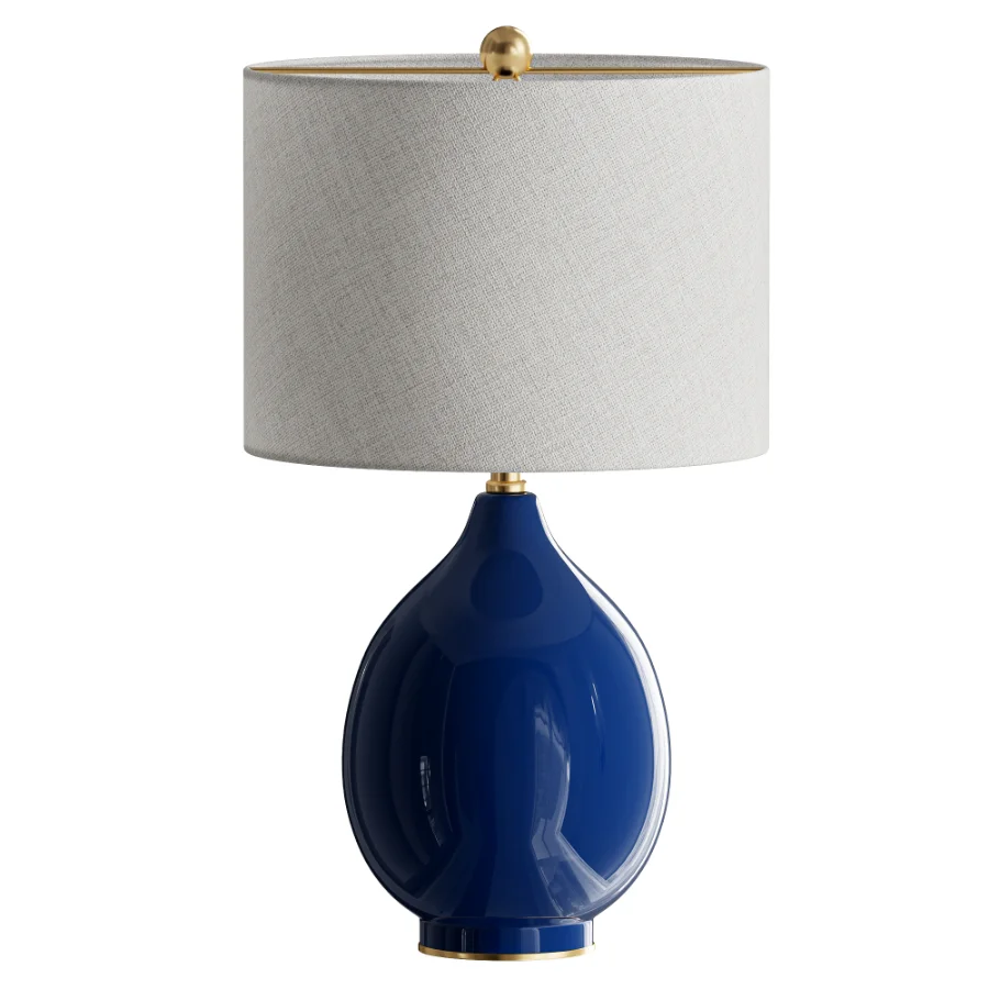 Blue Ceramic Table Lamp Drum Shade Image 2