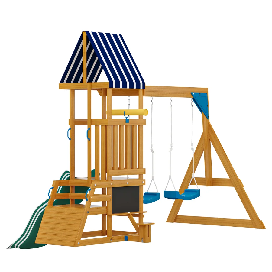 ROBUD Wooden Swing Set with Slide and 2 Swing Image 1