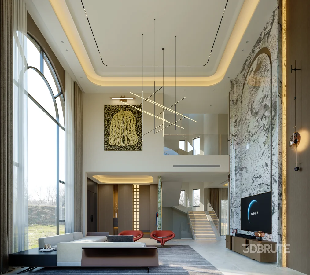 Modern villa living room and dining room interior scene Image 1