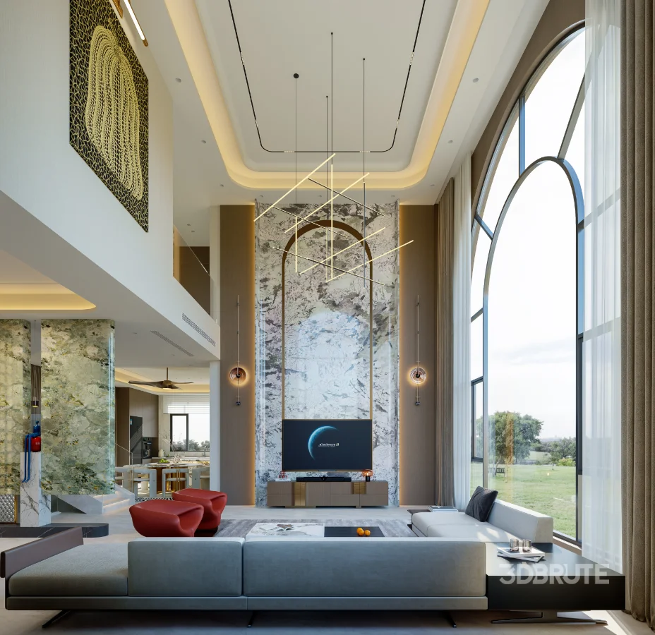 Modern villa living room and dining room interior scene Image 5