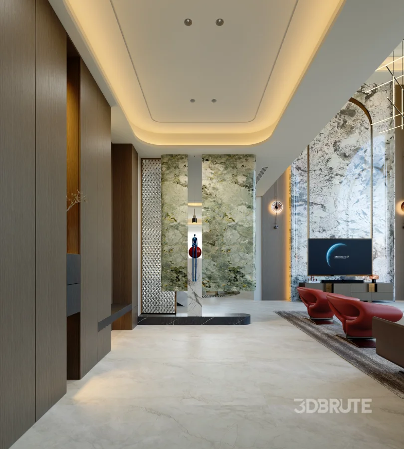 Modern villa living room and dining room interior scene Image 3
