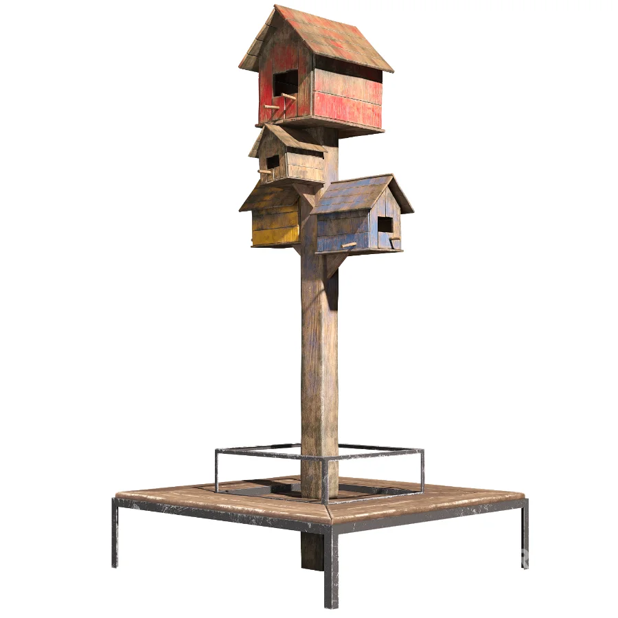 Wood Birdhouse Tree with Bench Image 1
