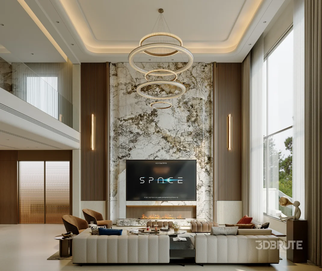 Modern villa living room and dining room interior Image 1