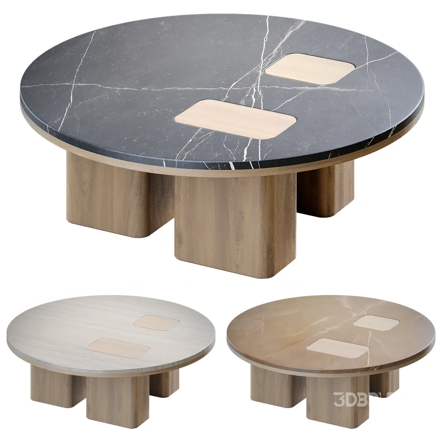 Round Coffee Table with Inlaid Stone Top and Wood Base Image 5