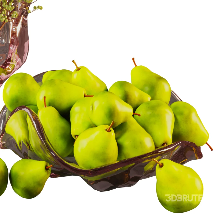 Green Pears & Decorative Branch Arrangement with Artistic Glass Vases Image 2