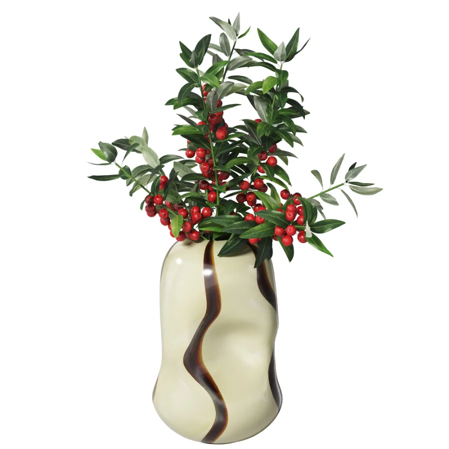 Decorative floral arrangement with red berries and green foliage in a sculptural vase (Skimmia) Image 2