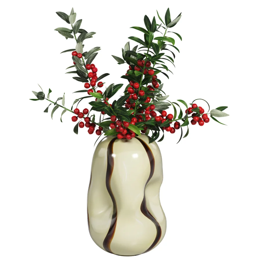 Decorative floral arrangement with red berries and green foliage in a sculptural vase (Skimmia) Image 4