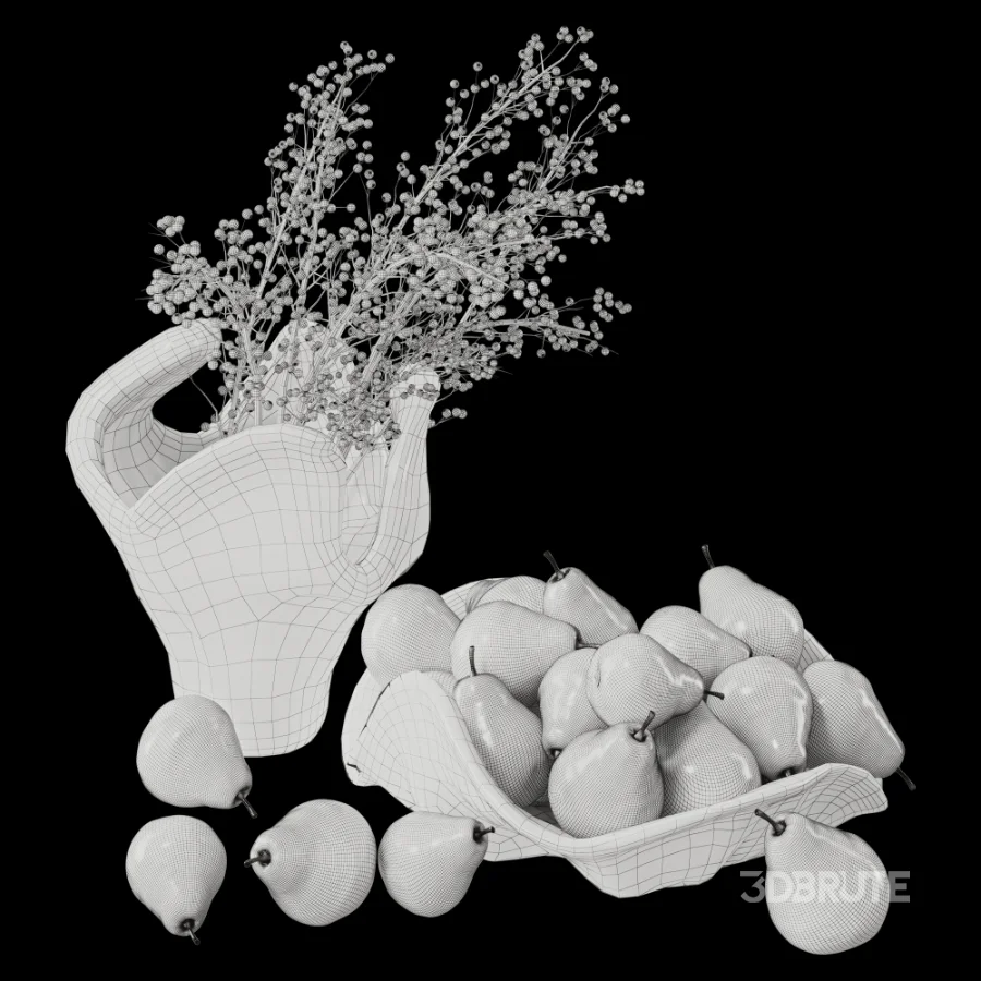 Green Pears & Decorative Branch Arrangement with Artistic Glass Vases Image 5
