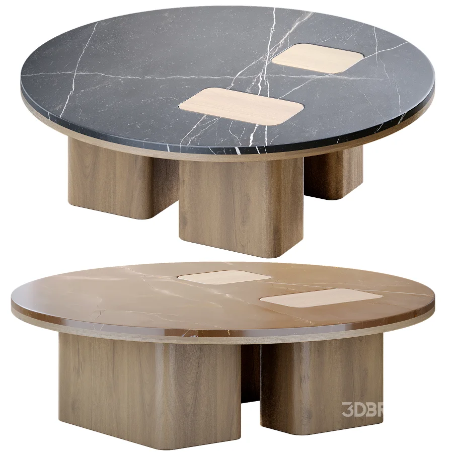Round Coffee Table with Inlaid Stone Top and Wood Base Image 4
