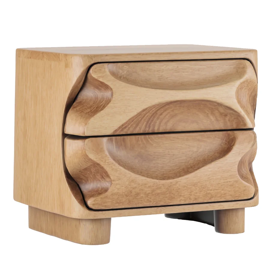 Solid Wood Bedside Table with Hand-Carved Drawer Image 1