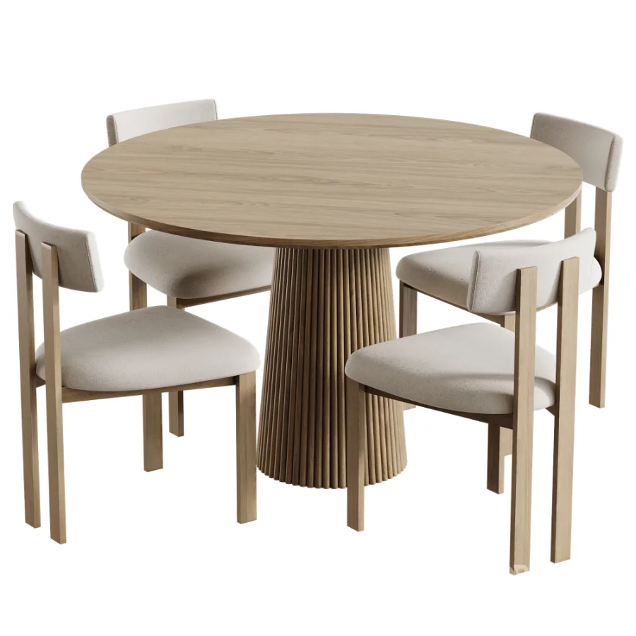 Black walnut solid wood Upholstered Dining Chair And Akira Fluted Round Wooden Table Image 1