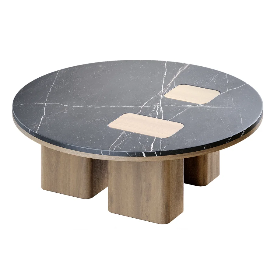 Round Coffee Table with Inlaid Stone Top and Wood Base Image 1