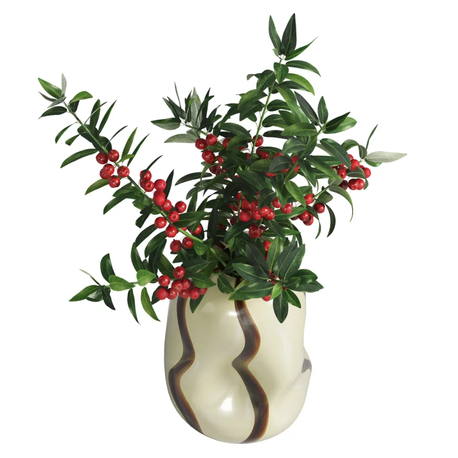 Decorative floral arrangement with red berries and green foliage in a sculptural vase (Skimmia) Image 6