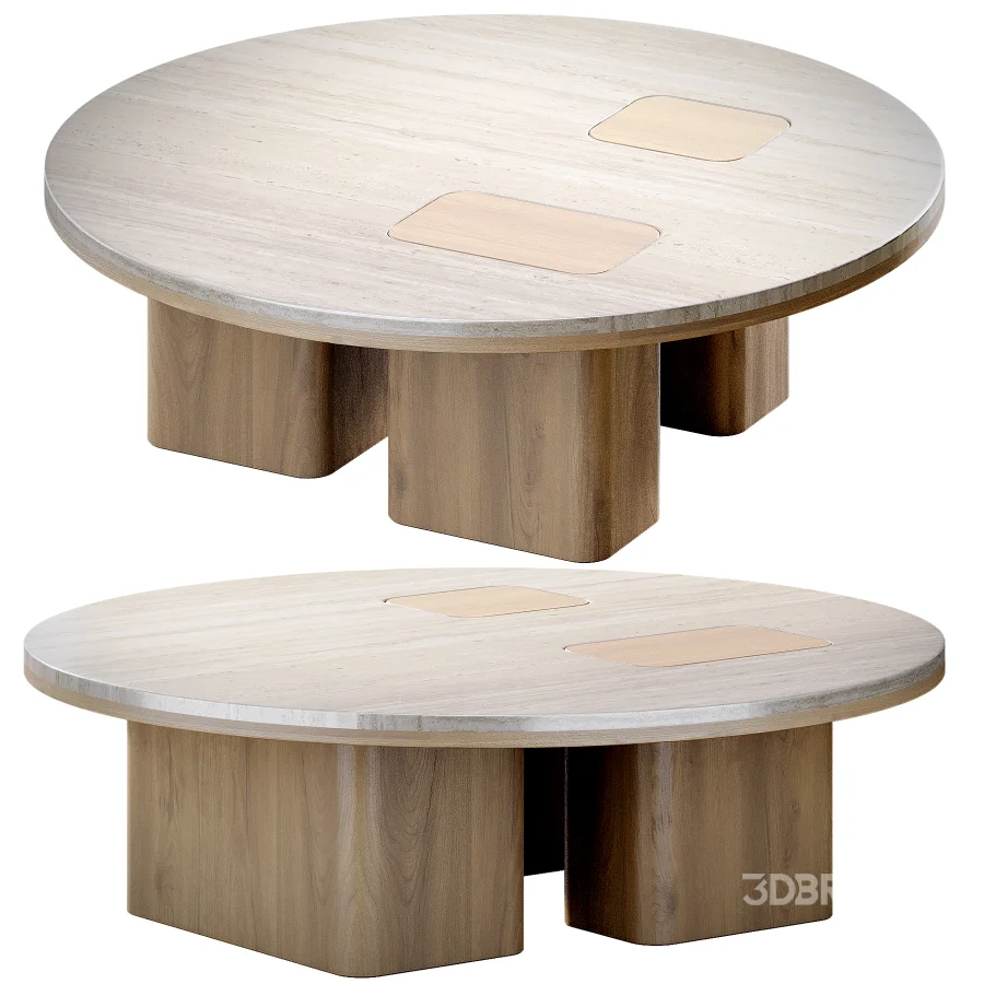 Round Coffee Table with Inlaid Stone Top and Wood Base Image 6