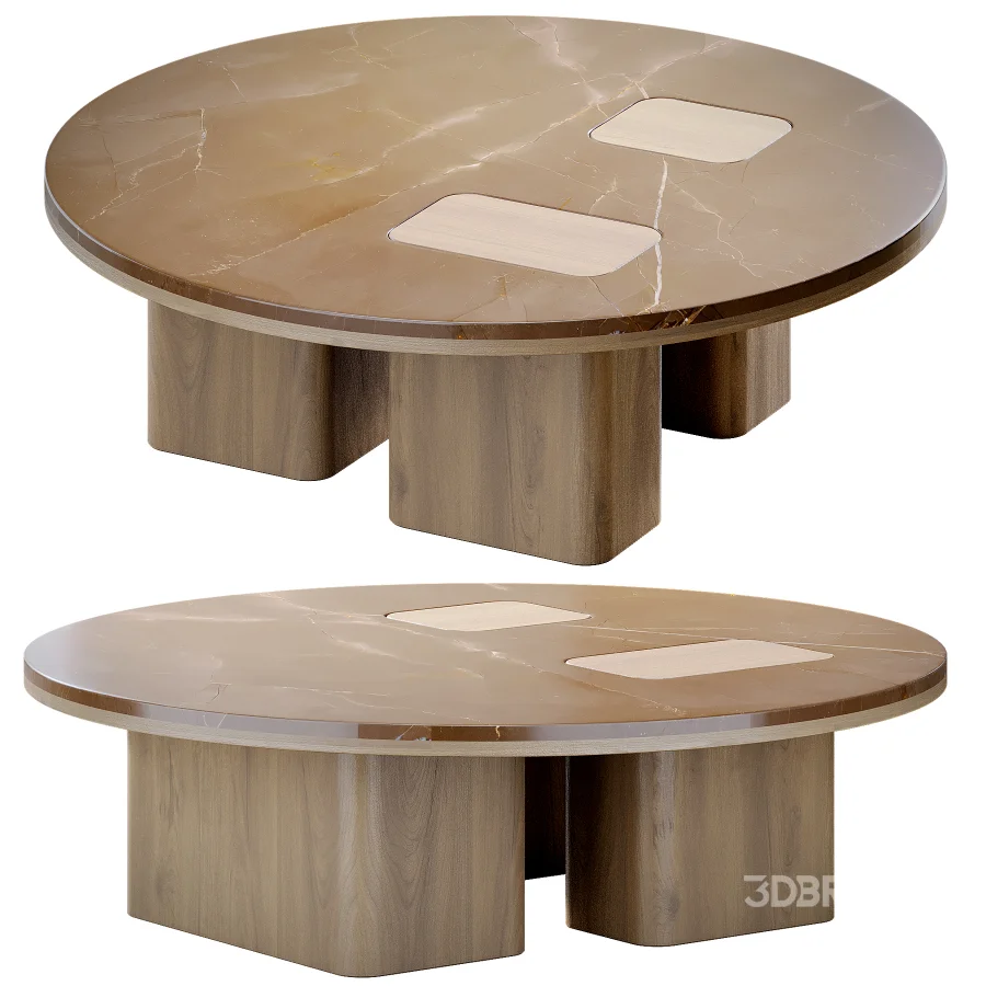 Round Coffee Table with Inlaid Stone Top and Wood Base Image 2