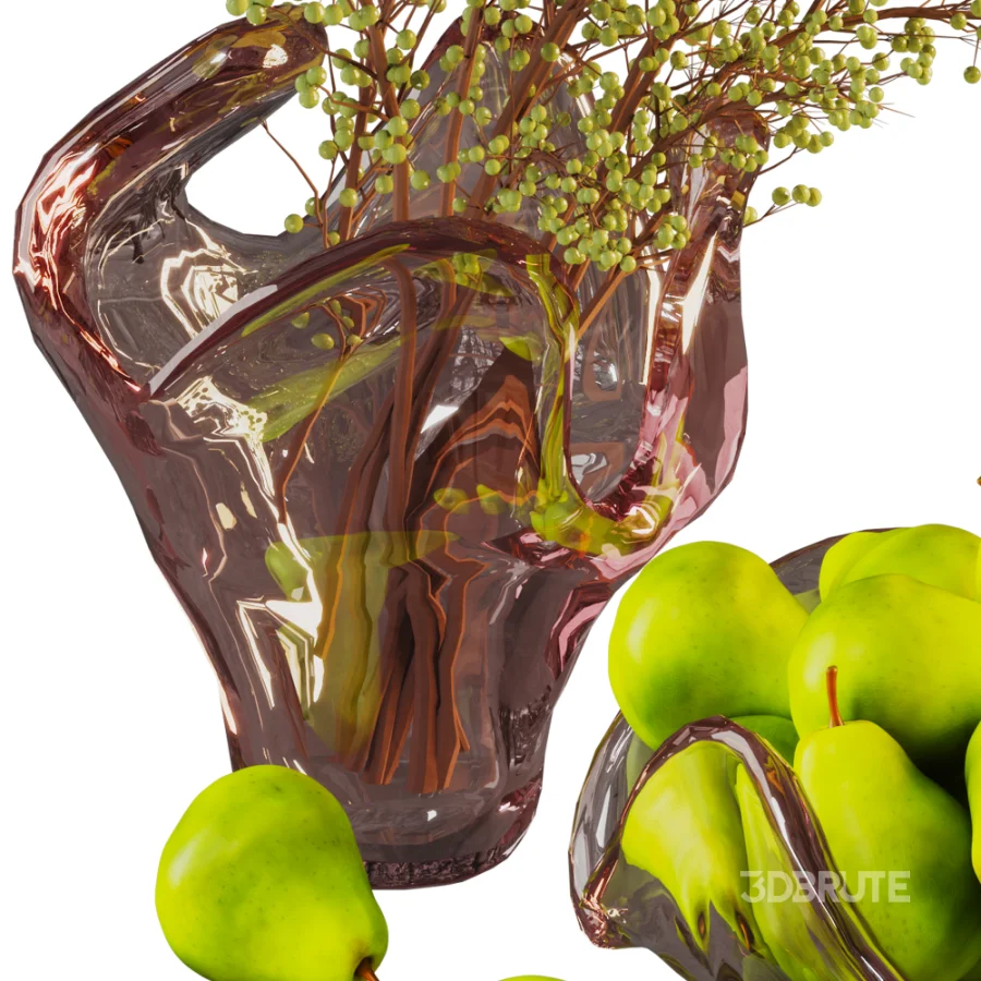 Green Pears & Decorative Branch Arrangement with Artistic Glass Vases Image 3