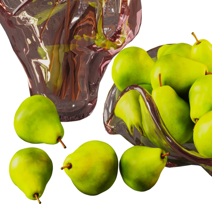 Green Pears & Decorative Branch Arrangement with Artistic Glass Vases Image 1